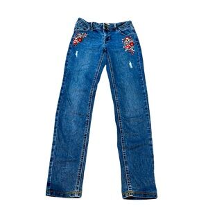 So girls size 14 straight leg blue jeans with embroidered flowers on front EUC